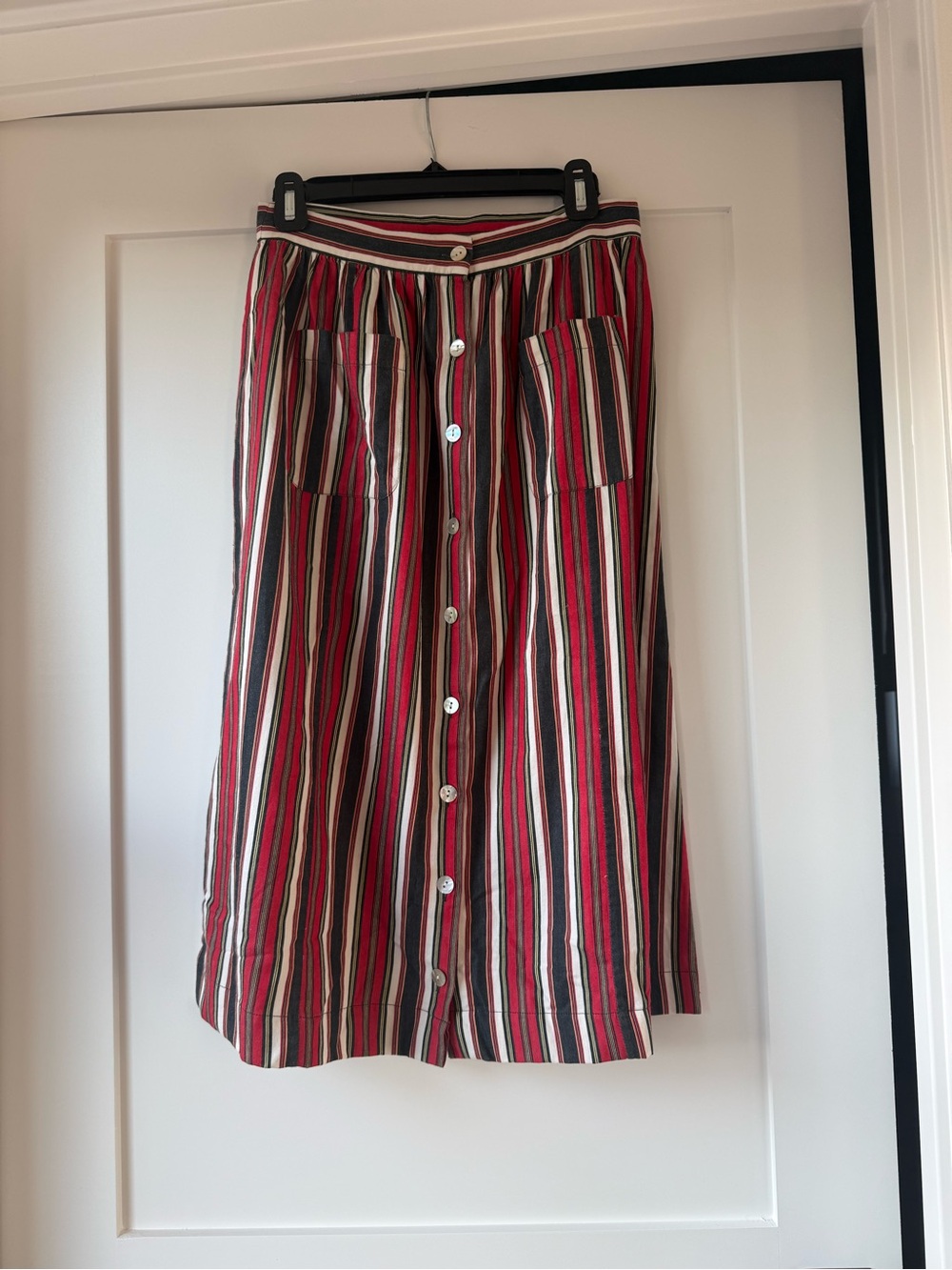 DÔEN Striped Button Front Midi Maxi Skirt Red Black Cream – Size S